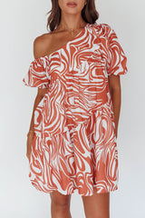 Villa Puff Sleeve One-Shoulder Dress Terracotta