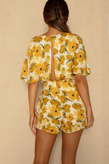 Nadi V-Neckline Wrap Romper Flower Paint Print Yellow