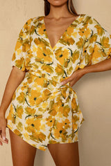Nadi V-Neckline Wrap Romper Flower Paint Print Yellow