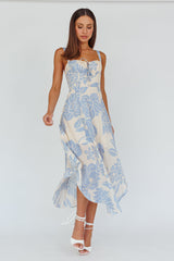 Euro Summer Asymmetrical Hem Midi Dress Floral Beige