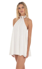 Embroidered Mock Neck Dress in White