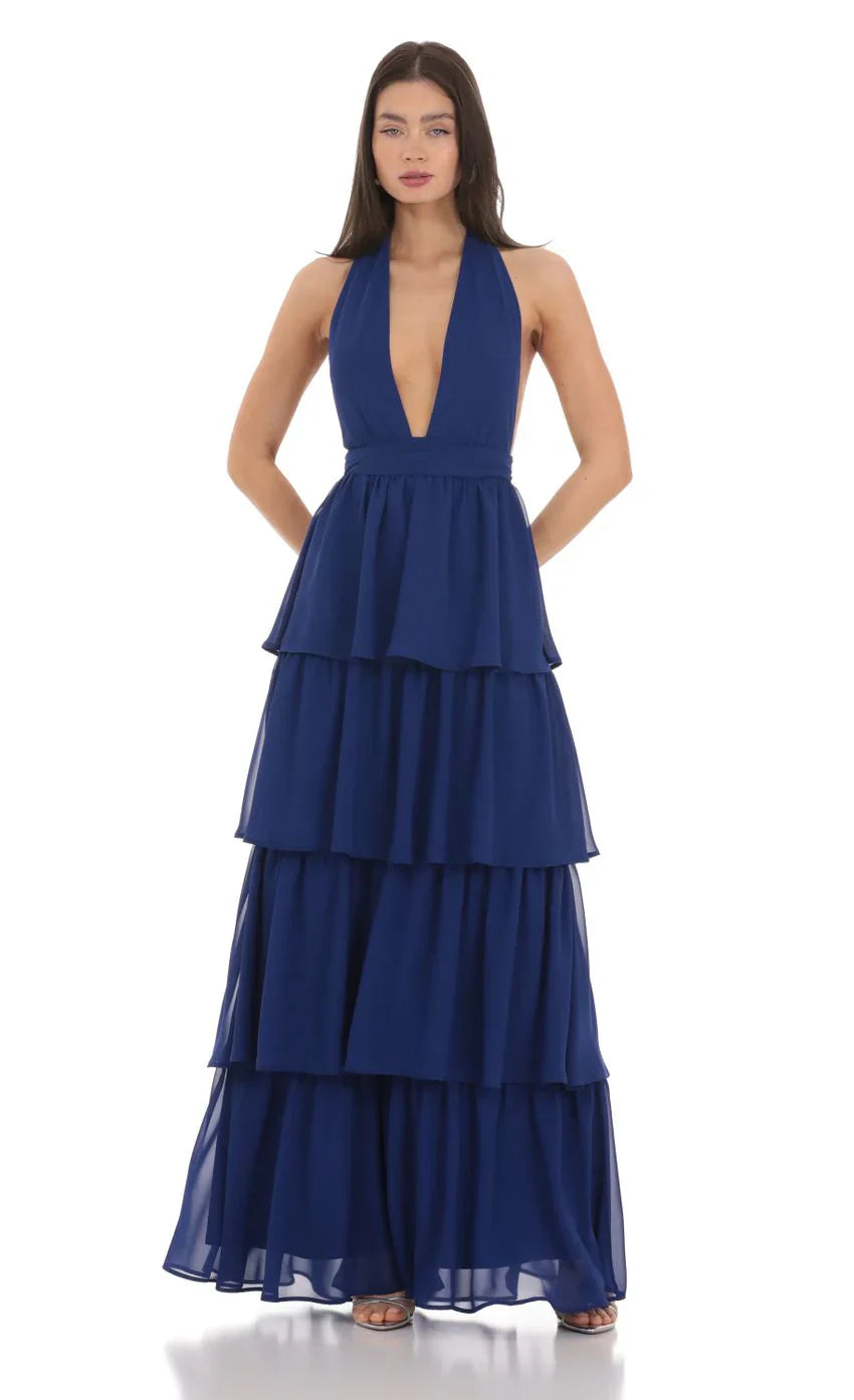Chiffon Plunge Ruffle Dress in Blue