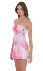 Floral Satin Halter Dress in Pink and Blue