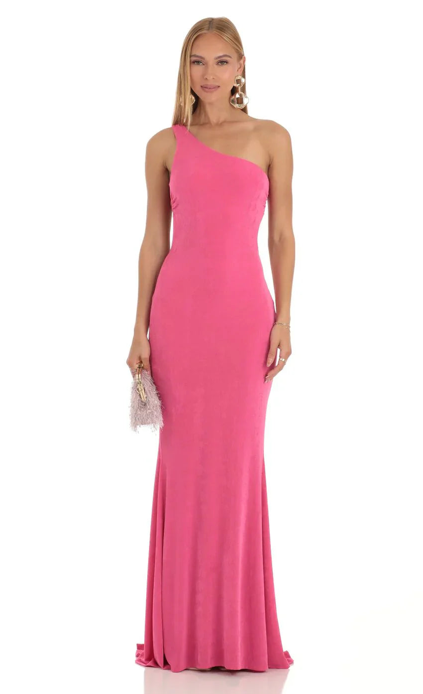 One Shoulder Maxi Dress in Pink