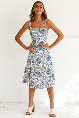 Magdalene Frill Strap A-Line Midi Dress Floral Print White